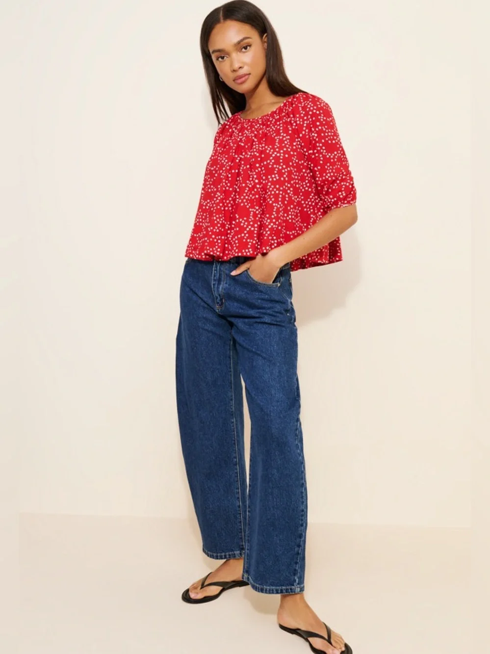 MADEWELL S Shirred Puff-Sleeve Top in Dot • Festival Red Classic Scattered Dots